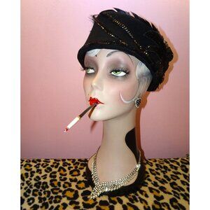 Vintage Black Wool Pillbox Hat w/ Bead Sequins and Feathers church hat pinup